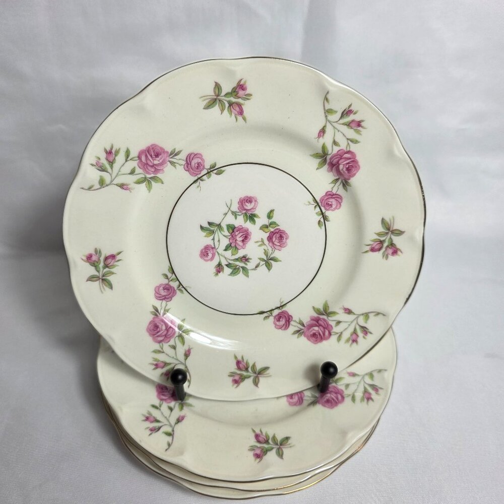 FOUR Theodore Haviland Delaware New York Bread Plates Ivory with Pink Roses